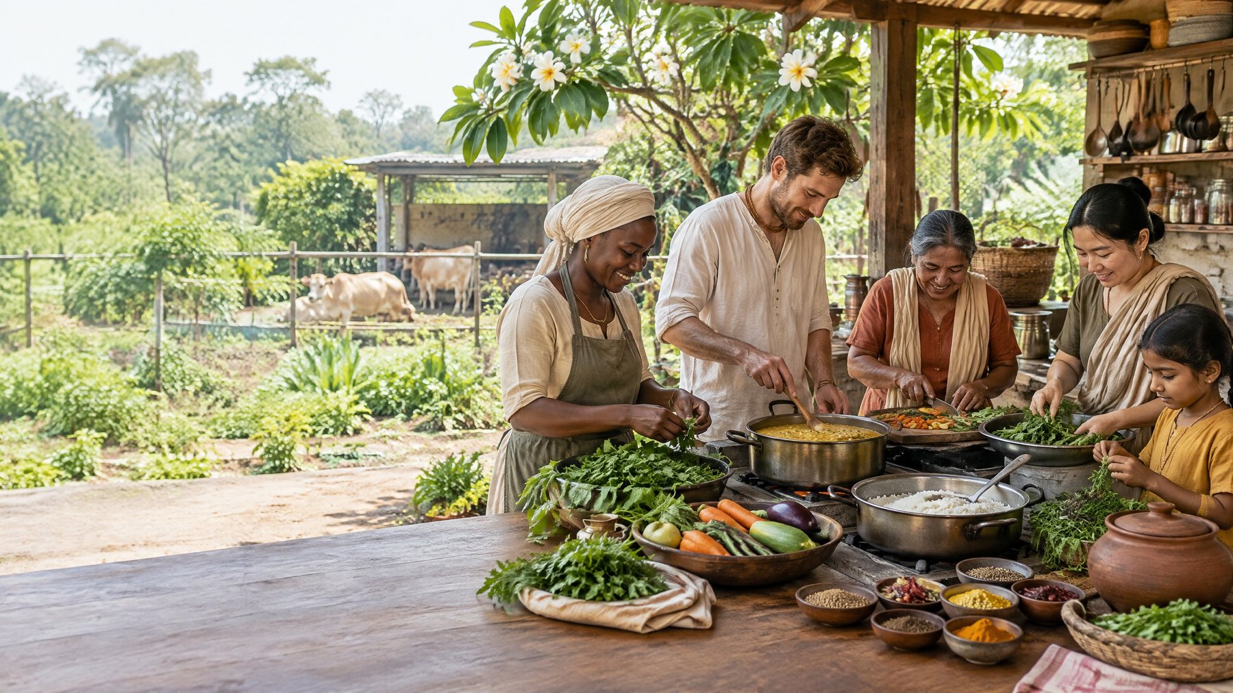 Existing developed artwork of a devotional household preparing vegetarian food