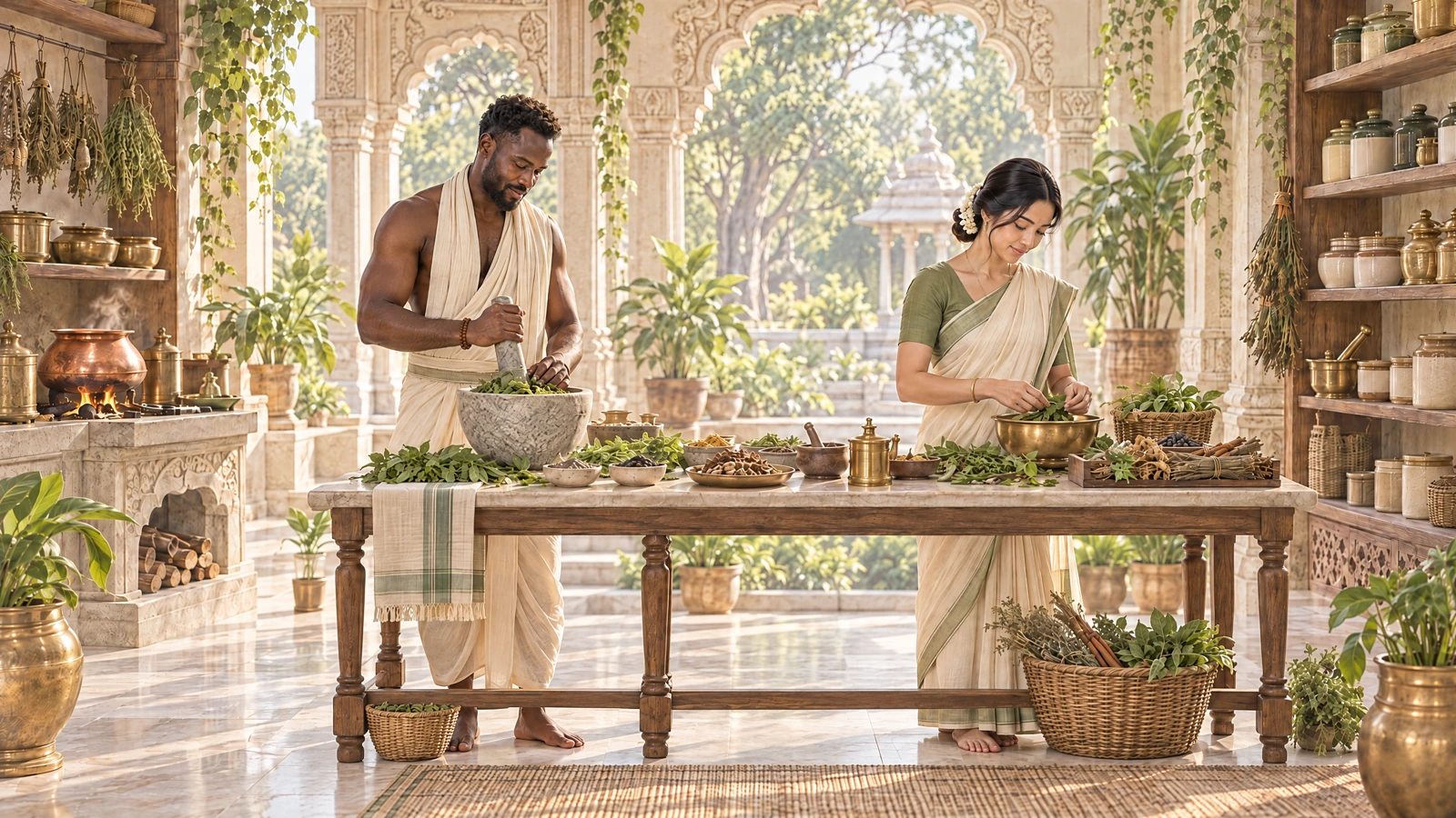 Traditional Ayurvedic kitchen preparing herbal medicines — decorative illustration