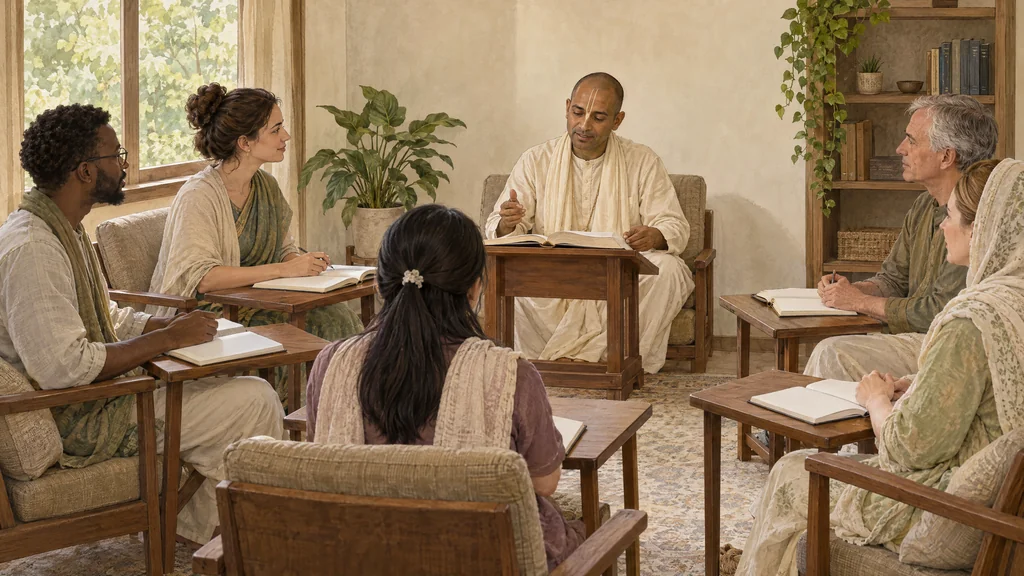A devotional painting of careful scripture study with books and attentive readers