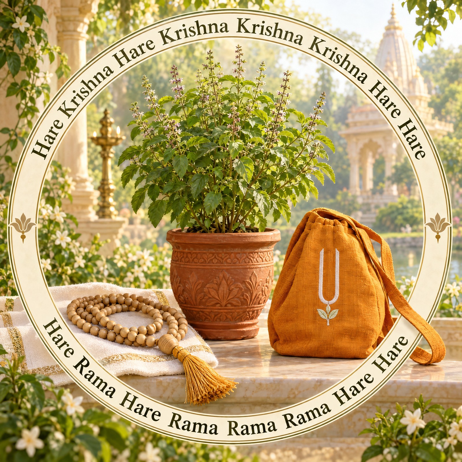 Tulsi plant, tulsi japa beads and a Vaiṣṇava tilak-marked japa bag surrounded by the Hare Krishna maha-mantra