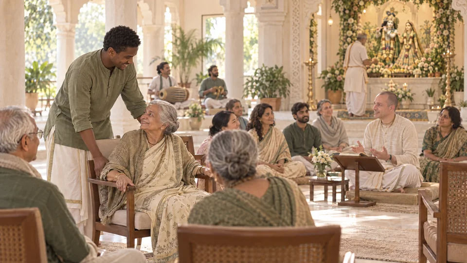 Temple community members listening to a class, chanting kīrtana and offering service before the Deities; an elderly participant is assisted into comfortable seating
